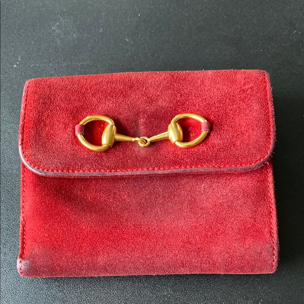 Authentic Gucci Red Suede Wallet with Gold Horsebit